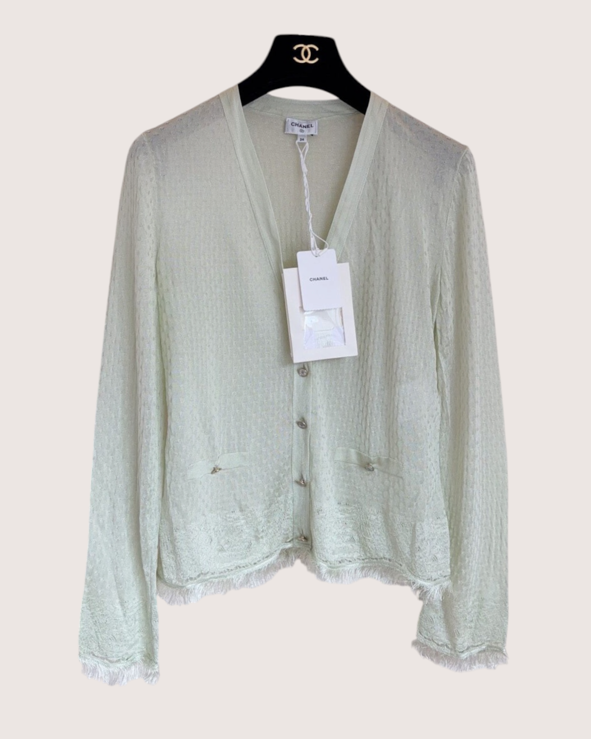 Chanel 26P V-Neck Fringe Cardigan Green FR 34