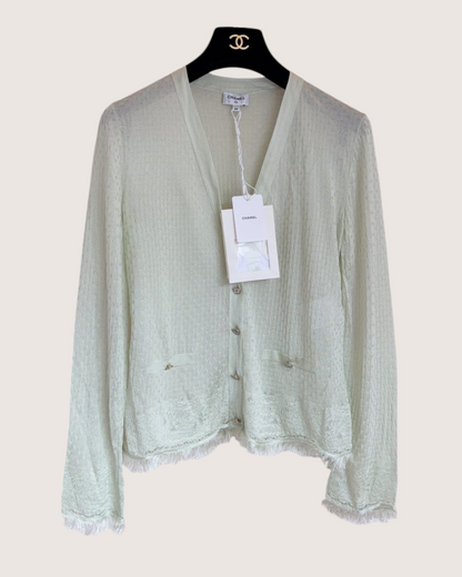 Chanel 26P V-Neck Fringe Cardigan Green FR 34