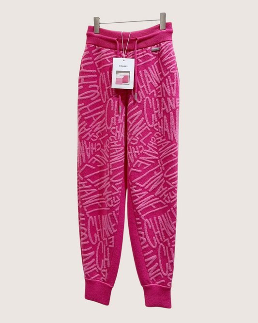 Chanel 21N Coco Neige Logo Cashmere Trousers Pink FR 34