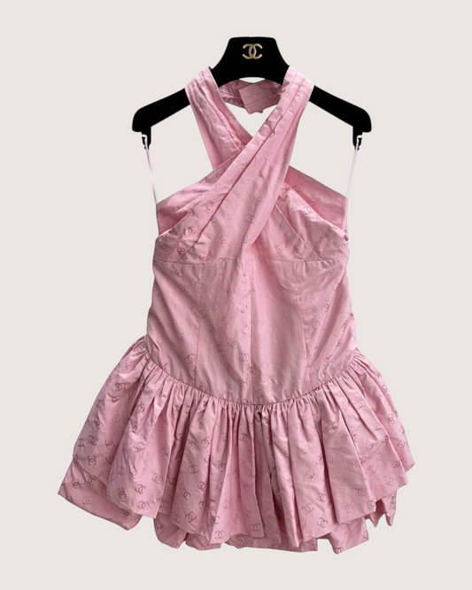 Chanel 26C Halter CC Jacquard Mini Dress Pink FR 38