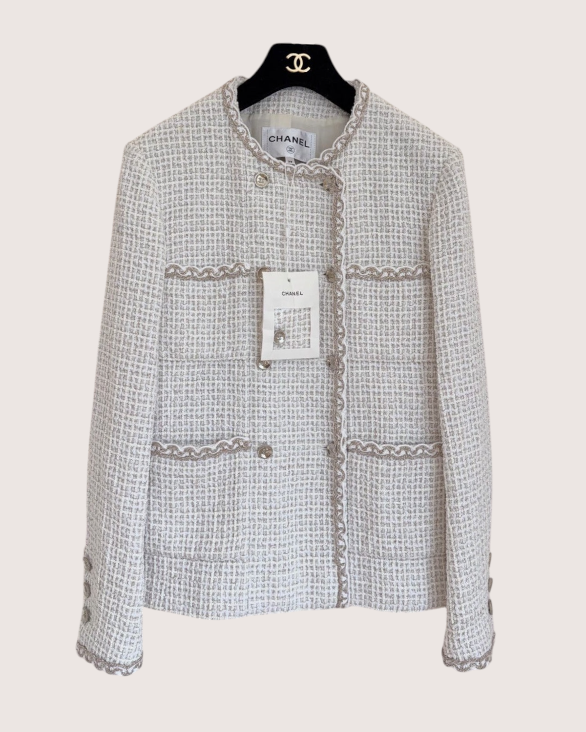 Chanel 25C Tweed Jacket White, Beige/Ecru, Gold FR 38