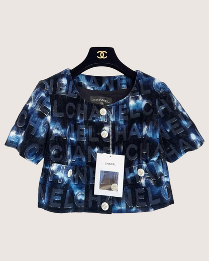 Chanel 21C Logo Cropped Short-Sleeve Jacket Blue, Black FR 36