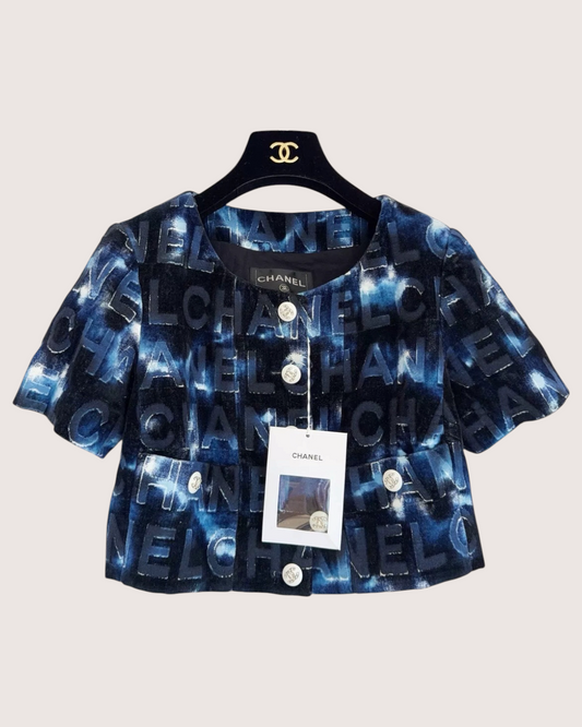 Chanel 21C Logo Cropped Short-Sleeve Jacket - Blue, Black