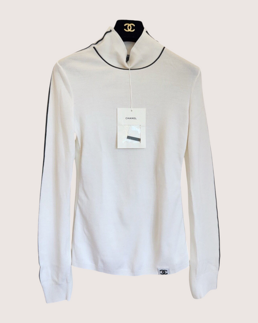 Chanel 25N Coco Neige Wool Contrast-Trim Turtleneck Sweater Beige/Ecru, Black FR 38