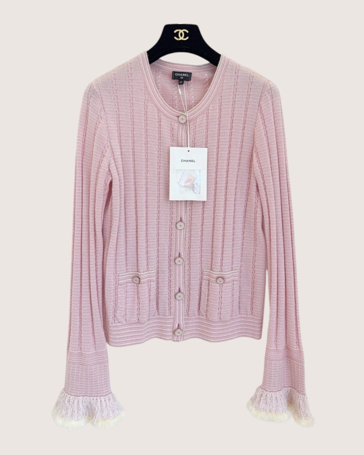 Chanel 25B Cashmere Cable Feather-Trim Cardigan Pink, White, Beige/Ecru FR 40