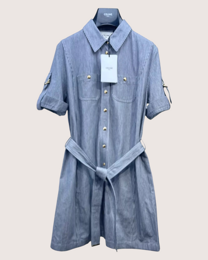 Celine Striped Belted Mini Dress Navy, White FR 36