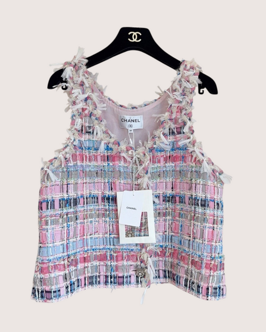 Chanel 25S Fringe Tweed Top Pink, Blue, Multicolor FR 40