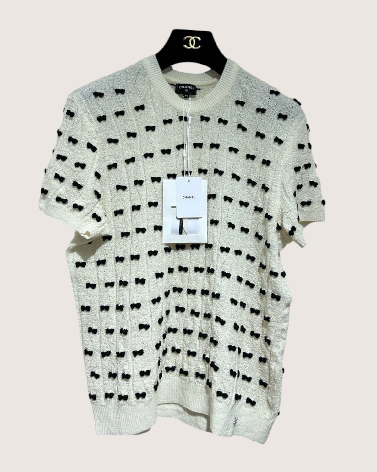 Chanel 25K Bow Short-Sleeve Sweater Beige/Ecru, Black FR 36