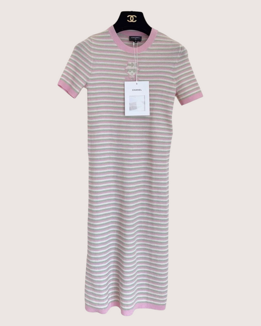 Chanel 25B Striped Cashmere Mid-Length Dress