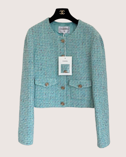 Chanel 25A Tweed Cropped Long-Sleeve Jacket - Blue, Multicolor