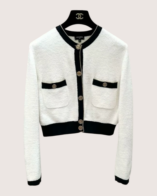 Chanel 19C Contrast-Trim Cardigan White, Black FR 36