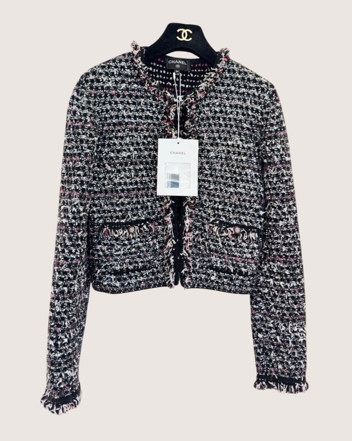 Chanel 24B Sequin Tweed Jacket Black, White, Pink, Multicolor FR 34