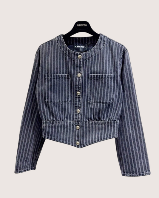 Chanel 20K Striped Denim Jacket Black, Grey FR 34