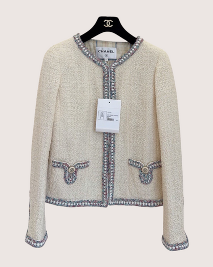 Chanel 20C Braided-Trim Tweed Jacket Beige/Ecru, Pink, Blue FR 34