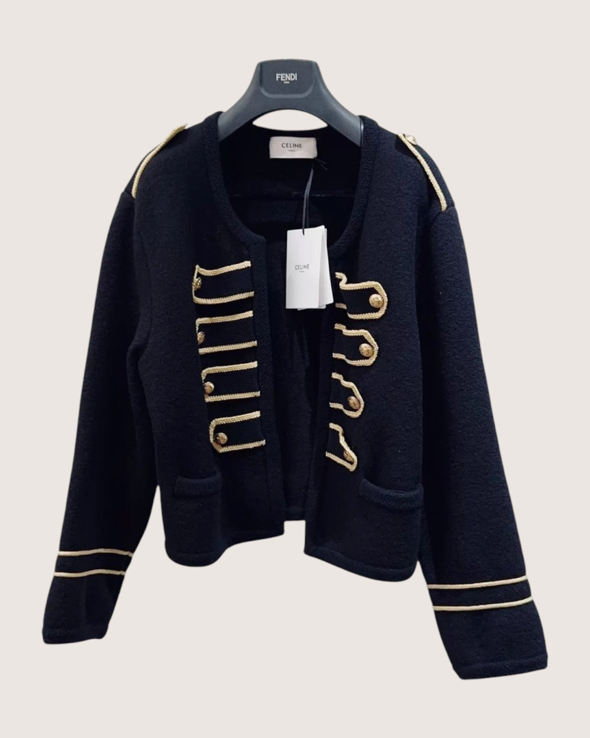 Celine Wool Braid-Trim Military Jacket Black, Gold FR 38