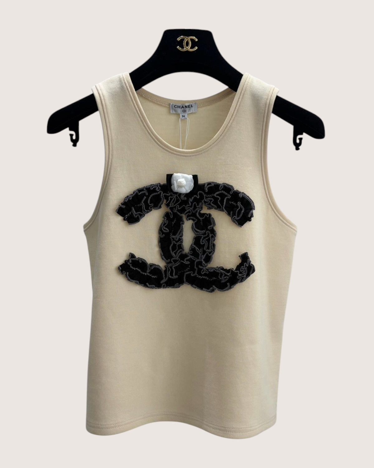 Chanel 20A Wool CC Camellia Vest Beige/Ecru, Black FR 36