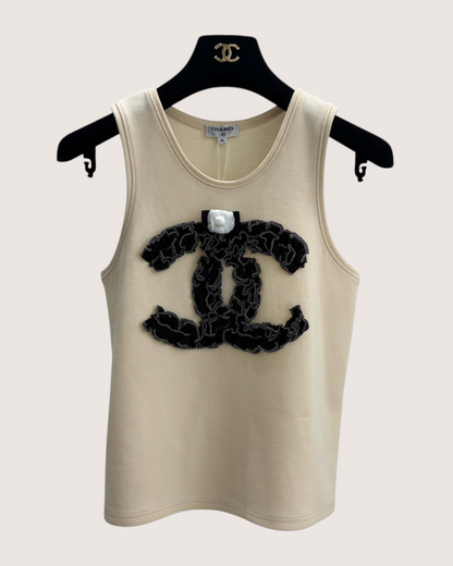 Chanel 20A Wool CC Camellia Vest Beige/Ecru, Black FR 36