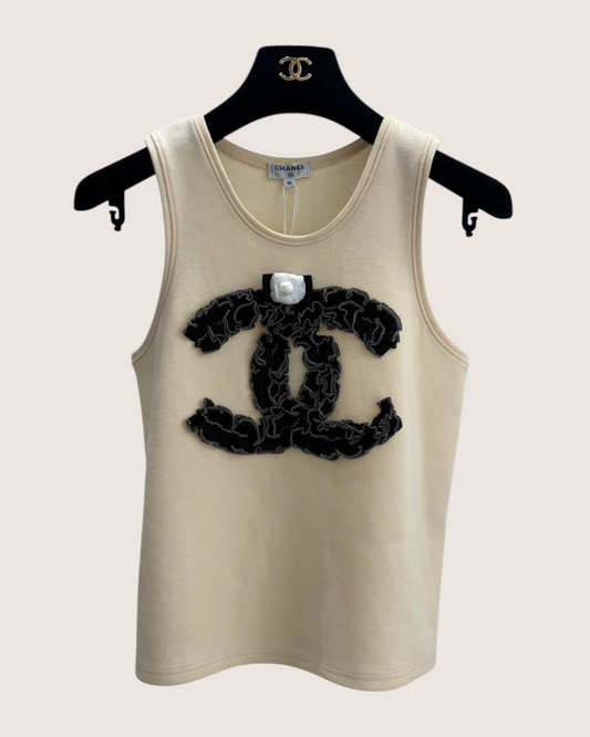 Chanel 20A Wool CC Camellia Vest Beige/Ecru, Black FR 36