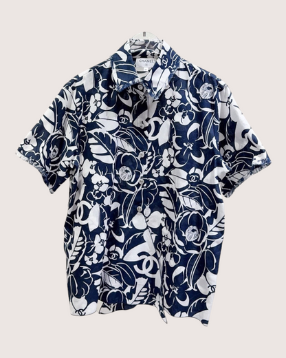 Chanel Camellia Print Short-Sleeve Shirt Navy, White FR 34