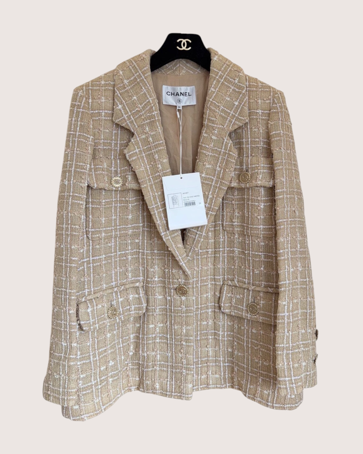 Chanel 19S Tweed Jacket Beige/Ecru, White FR 36