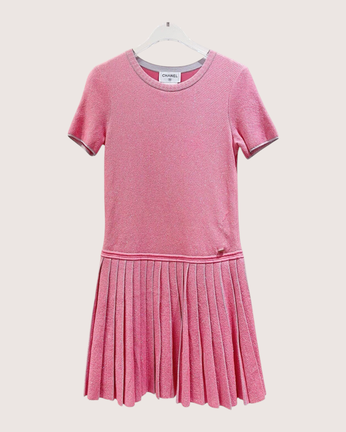 Chanel 14K Tweed Pleated Mini Dress Pink, Grey FR 34