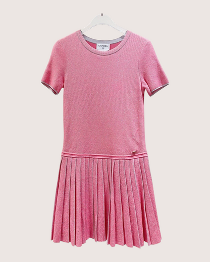 Chanel 14K Tweed Pleated Mini Dress Pink, Grey FR 34