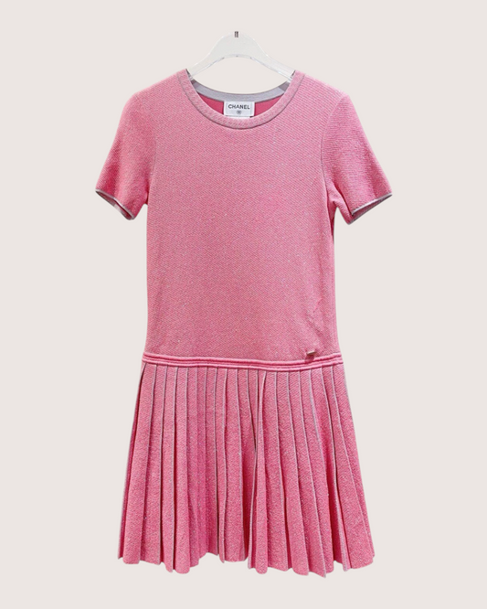 Chanel 14K Tweed Pleated Mini Dress Pink, Grey FR 34