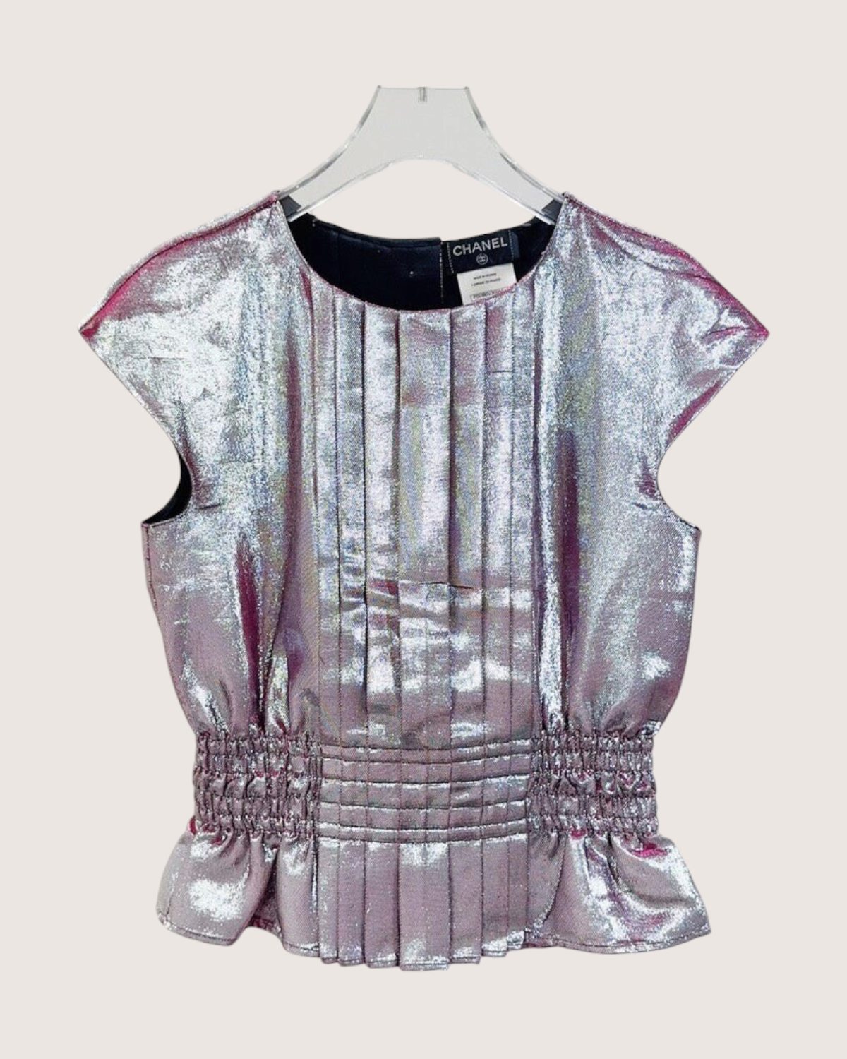 Chanel 14K Metallic Lamé Pleated Blouse Silver, Pink FR 36