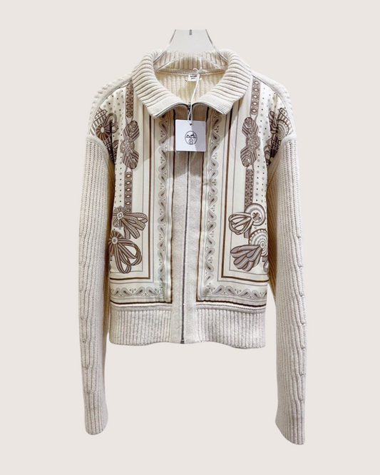 Hermès Cashmere Scarf-Print Cardigan Beige/Ecru, Brown, Grey FR 38