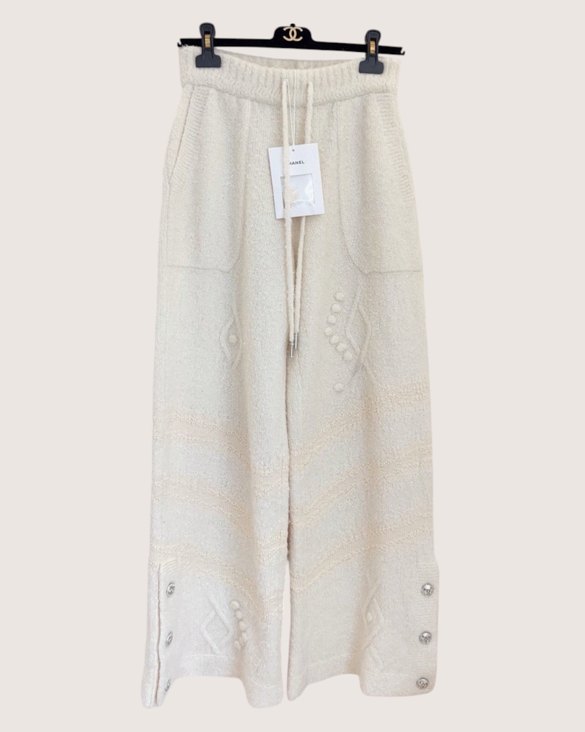 Chanel 23N Coco Neige Cashmere Wide-Leg Trousers Beige/Ecru FR 38