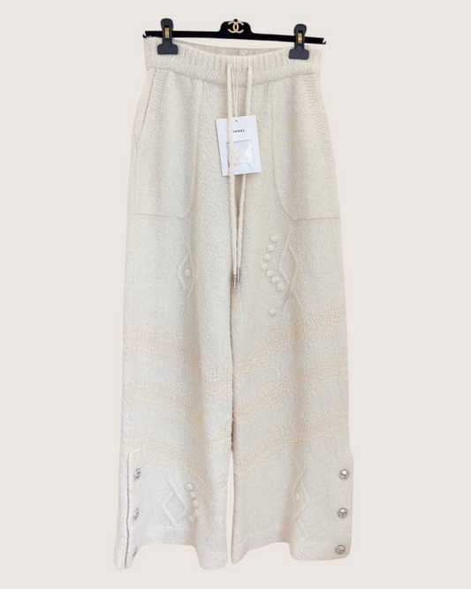 Chanel 23N Coco Neige Cashmere Wide-Leg Trousers Beige/Ecru FR 38