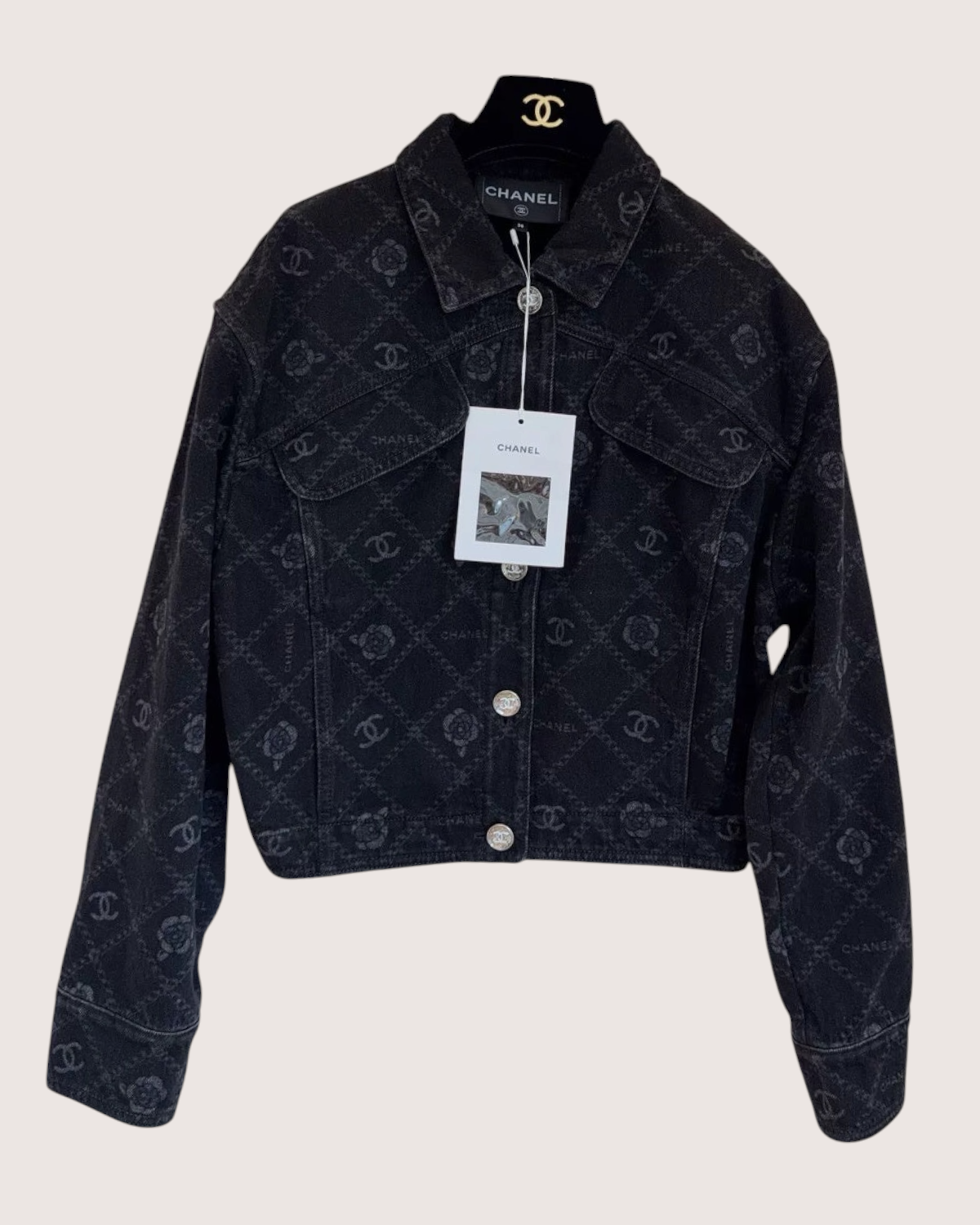 Chanel 23A Camellia Denim Jacket Black, Grey FR 36