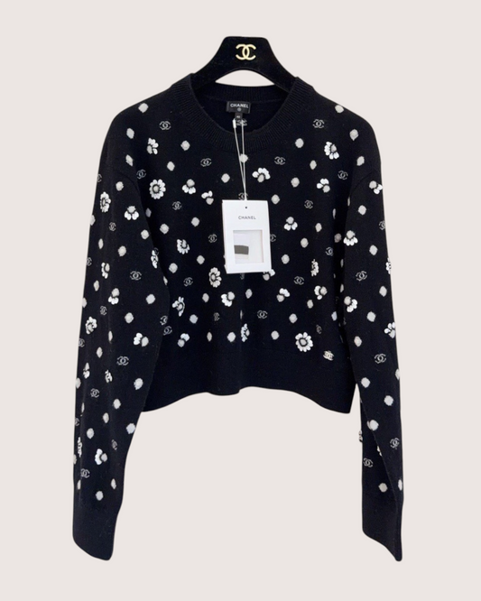 Chanel 23S Cashmere Embellished Sweater Black, White FR 40