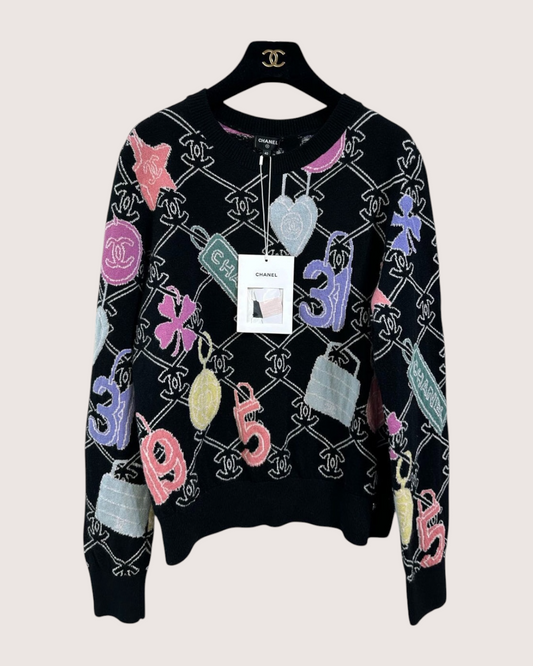 Chanel 22P Cashmere CC Charm Motif Sweater Black, White, Pink, Multicolor FR 38