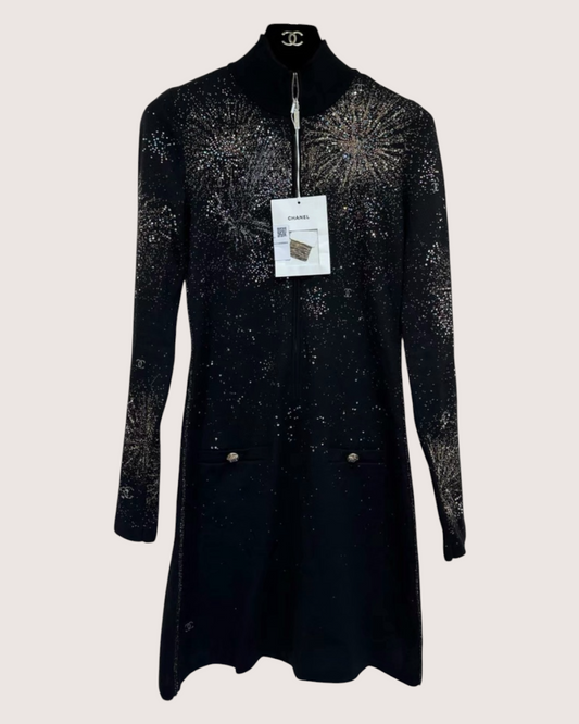 Chanel 25N Fireworks Rhinestones Half-Zip Mini Dress Black, Multicolor FR 36