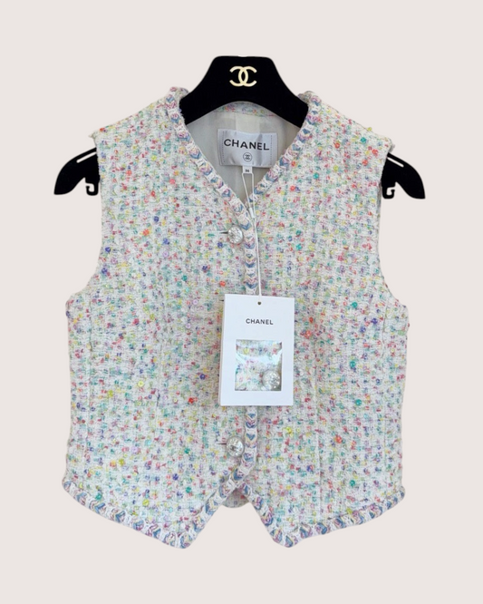 Chanel 23S Confetti Tweed Vest White, Multicolor FR 36