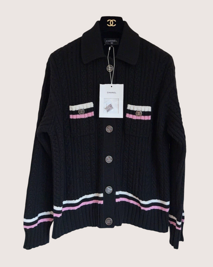 Chanel 23P Cashmere Collared Striped Cable Cardigan Black, Pink, White FR 38