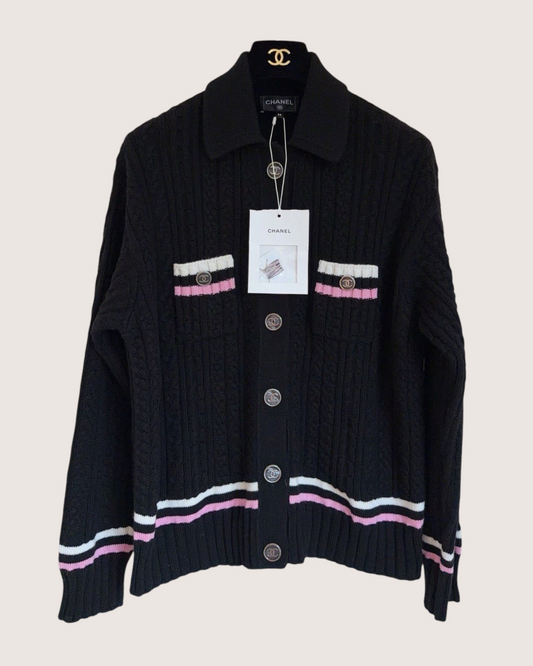 Chanel 23P Cashmere Collared Striped Cable Cardigan Black, Pink, White FR 38