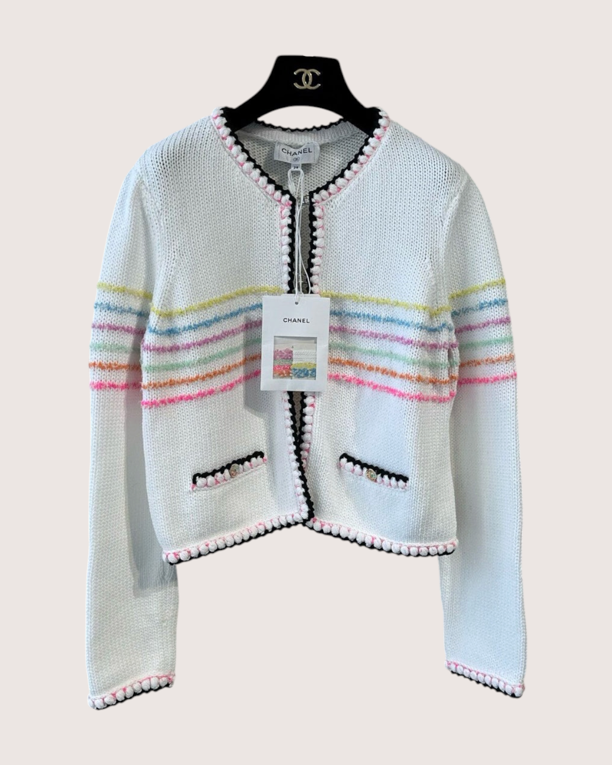 Chanel 24S Striped Pom-Trim Cardigan White, Black, Multicolor FR 38