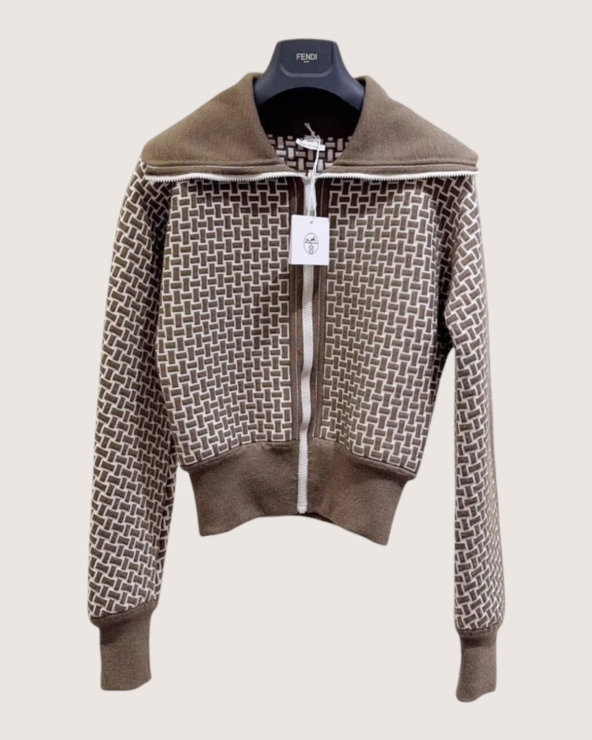 Hermès Monogram Wool Zip-Up Jacket Brown, Beige/Ecru FR 34