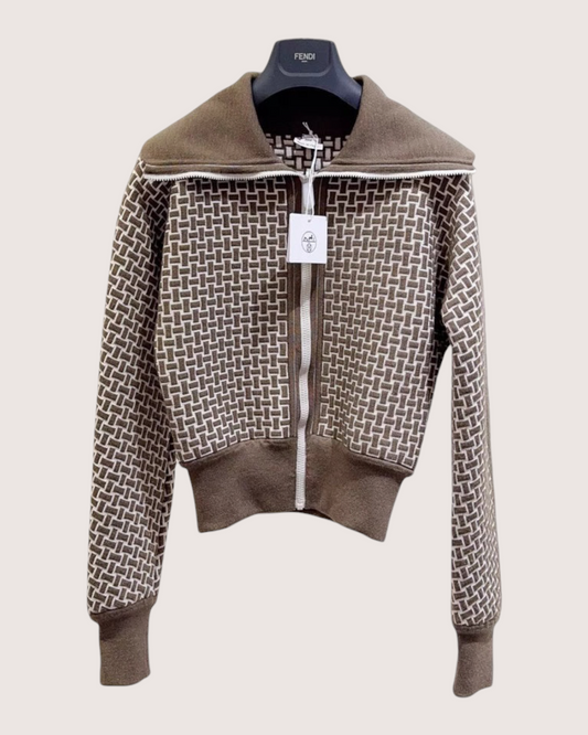 Hermès Monogram Wool Zip-Up Jacket Brown, Beige/Ecru FR 34