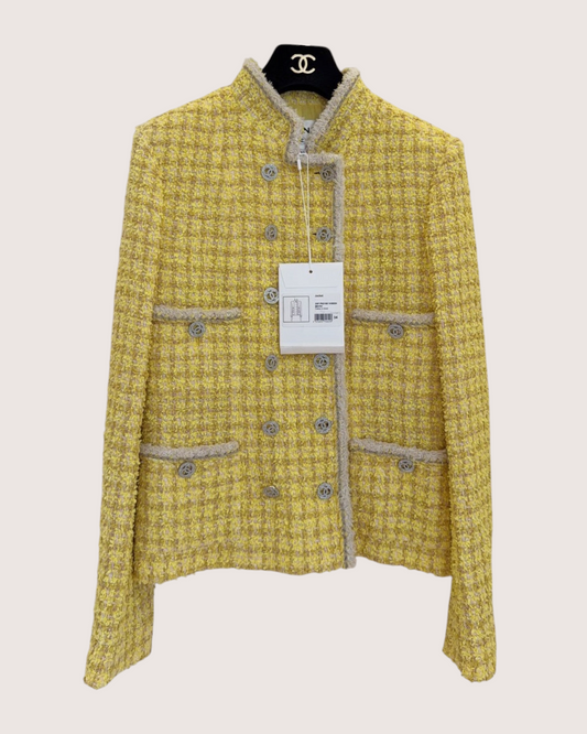 Chanel 20P Tweed Jacket Yellow, Beige/Ecru FR 34