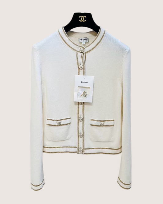 Chanel 26C Cashmere Metallic-Trim Cardigan White, Gold FR 34
