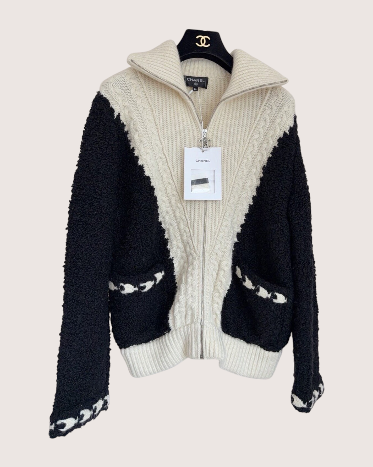Chanel 19B Wool Zip-Up Cardigan Black, Beige/Ecru FR 38