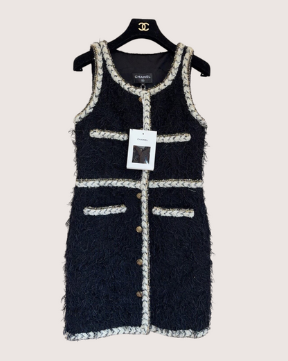 Chanel 25K Fringe Tweed Mini Dress Black, Beige/Ecru FR 36