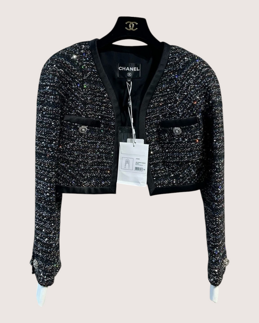 Chanel 20A Sequin Tweed Cropped Jacket Black, Multicolor FR 36