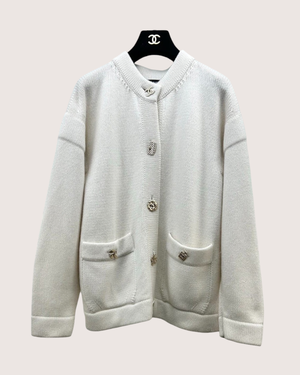 Chanel 22B Cashmere Round-Neck Cardigan Beige/Ecru FR 36