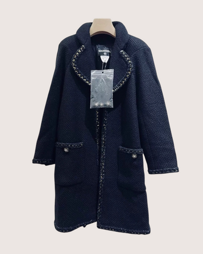 Chanel Chain-Trim Tweed Coat Navy FR 36