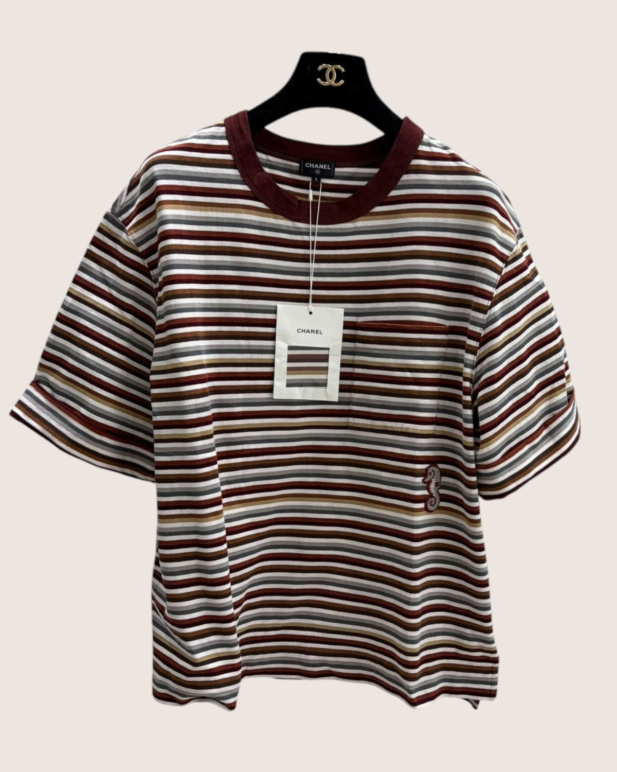 Chanel 26M Coco Beach Striped Seahorse T-Shirt Burgundy, White, Multicolor FR 36