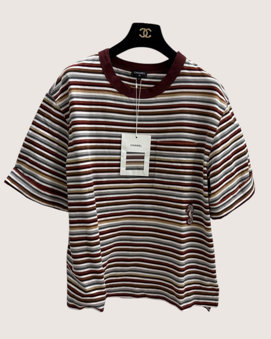 Chanel 26M Coco Beach Striped Seahorse T-Shirt Burgundy, White, Multicolor FR 36